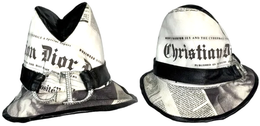 F/W 2000 Christian Dior John Galliano EXTREMELY RARE ARCHIVE COUTURE Stephen Jones Newsprint Large Crystal Logo Hat