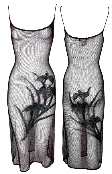 S/S 2000 Christian Dior by John Galliano Sheer Burgundy Fishnet Embellished Embroidered Dress