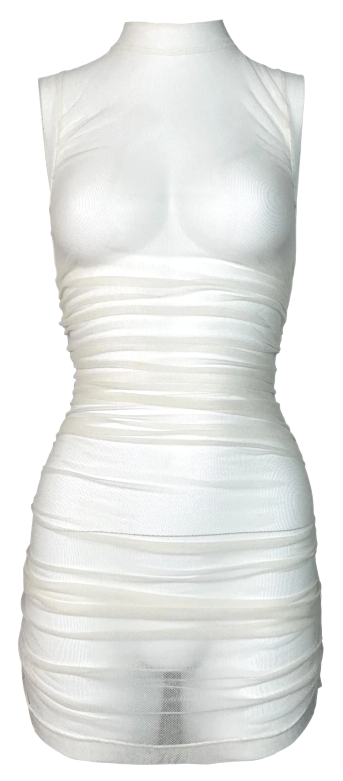 2000's Dolce & Gabbana Sheer Ivory Ruched Mesh Mini Dress