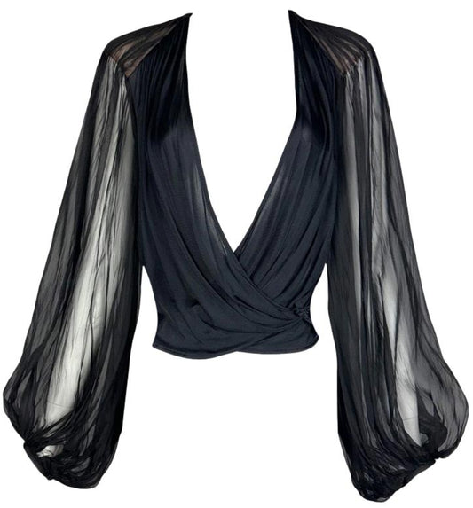 2001 Gianni Versace Plunging 70's Style Black Poet Sleeve Top