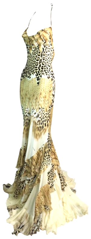 2002 Roberto Cavalli Silk Cheetah & Crocodile Print Ruffles Halter Gown Dress