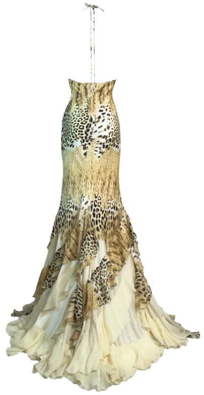 2002 Roberto Cavalli Silk Cheetah & Crocodile Print Ruffles Halter Gown Dress
