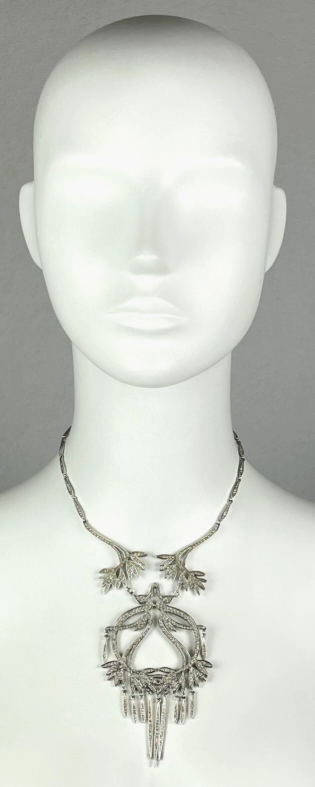 2000's Christian Dior by John Galliano Chinoiserie Large Silver Tone Crystal Necklace