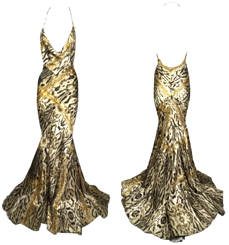 F/W 2003 Roberto Cavalli Plunging Satin Gold Chains & Leopard Print Metal Chain Halter Strap Mermaid Gown Dress