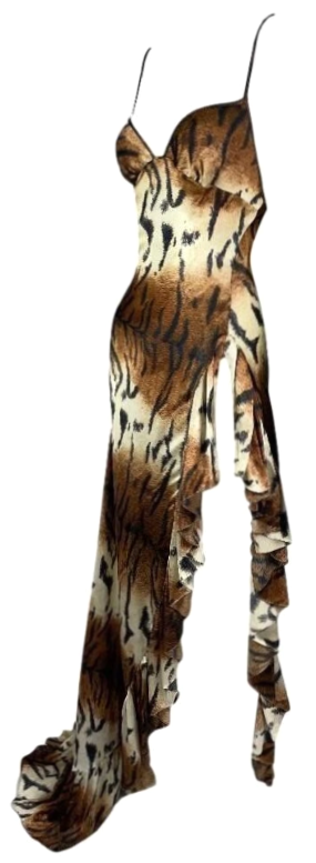 2003 Roberto Cavalli Tiger Silk Super High Slit & Ruffles Gown Dress 42