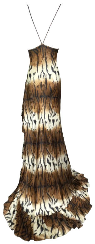 2003 Roberto Cavalli Tiger Silk Super High Slit & Ruffles Gown Dress 42