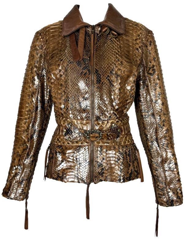 2005 Roberto Cavalli Brown Python Fitted Motorcycle Jacket w Gold Serpent Buckle
