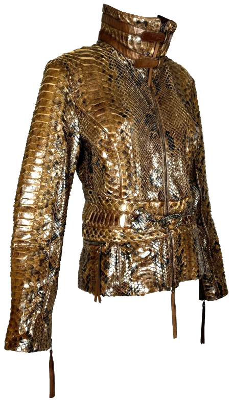 2005 Roberto Cavalli Brown Python Fitted Motorcycle Jacket w Gold Serpent Buckle