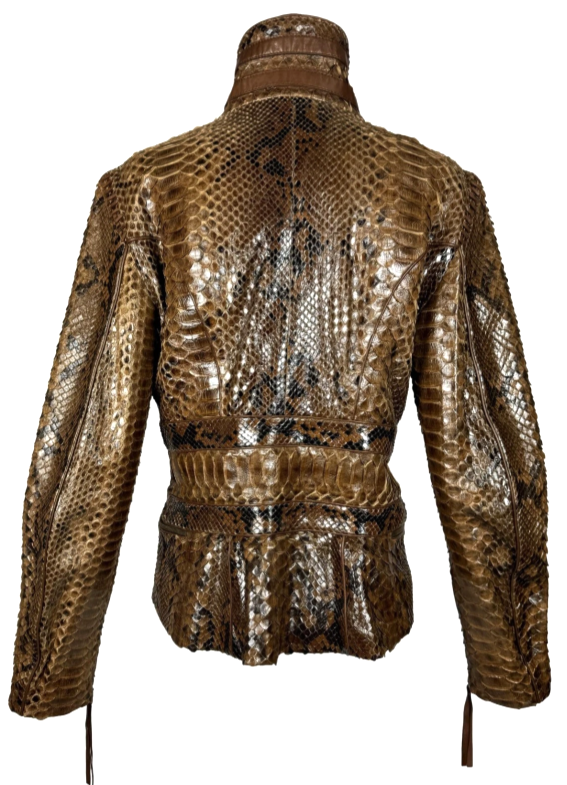 2005 Roberto Cavalli Brown Python Fitted Motorcycle Jacket w Gold Serpent Buckle