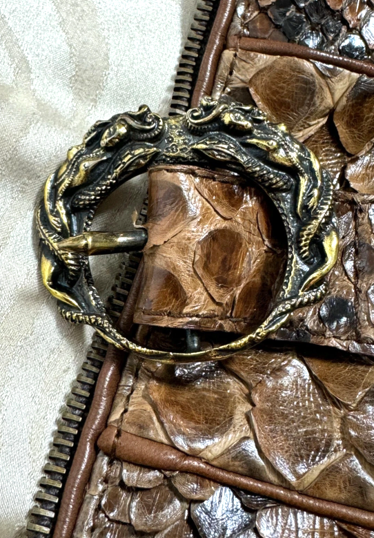 2005 Roberto Cavalli Brown Python Fitted Motorcycle Jacket w Gold Serpent Buckle