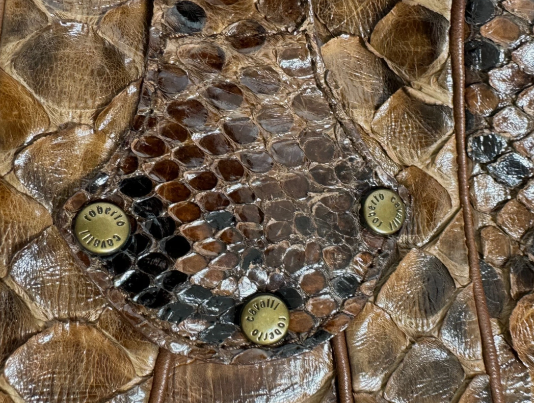 2005 Roberto Cavalli Brown Python Fitted Motorcycle Jacket w Gold Serpent Buckle