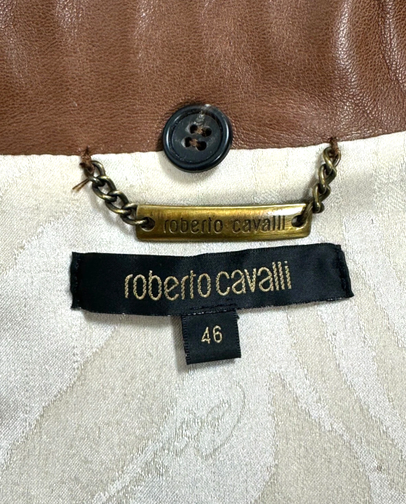 2005 Roberto Cavalli Brown Python Fitted Motorcycle Jacket w Gold Serpent Buckle