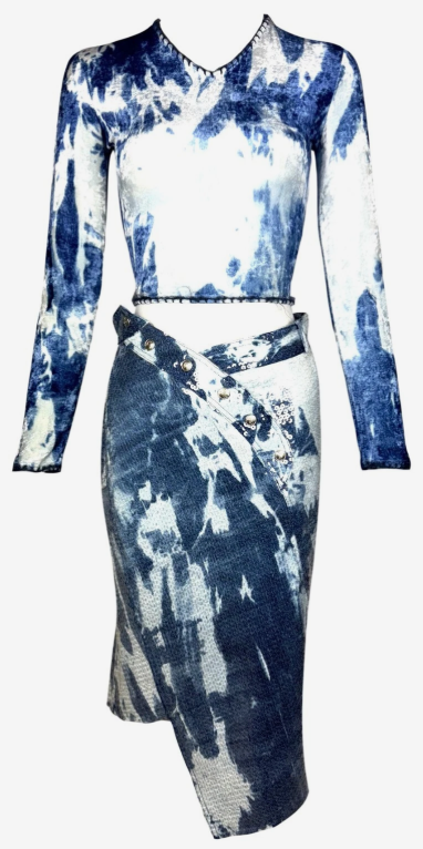 F/W 2000 Christian Dior by John Galliano Blue Tie Dye Velvet Crop Top & Sequin Pencil Skirt Set