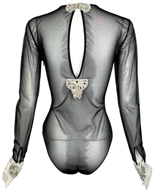 F/W 1995 Christian Dior by Gianfranco Ferre Sheer Tuxedo Crystal Bodysuit Top