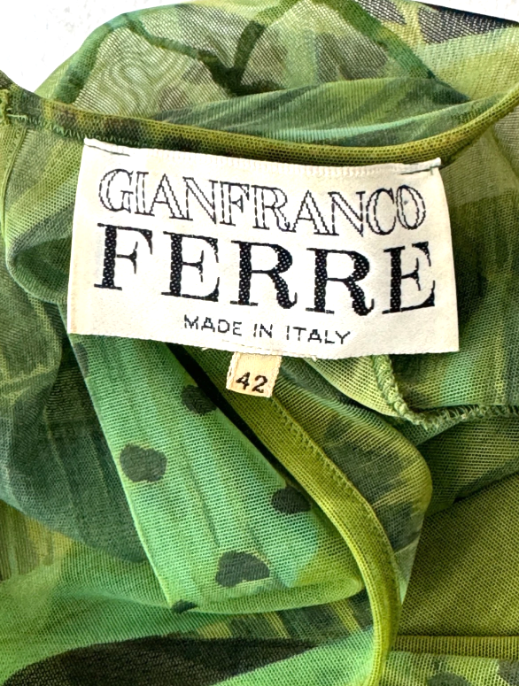 F/W 1993 Gianfranco Ferre Runway Sheer Green Mesh Palm Print Bodysuit Top