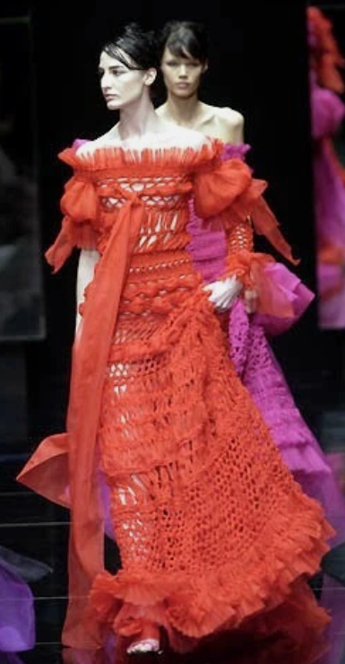 F/W 2002 Gianfranco Ferre Sheer Black Knit Macrame Strapless Gown Dress