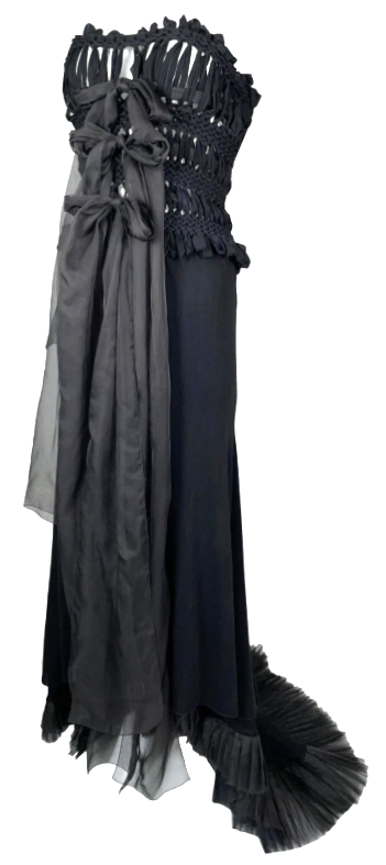 F/W 2002 Gianfranco Ferre Sheer Black Knit Macrame Strapless Gown Dress