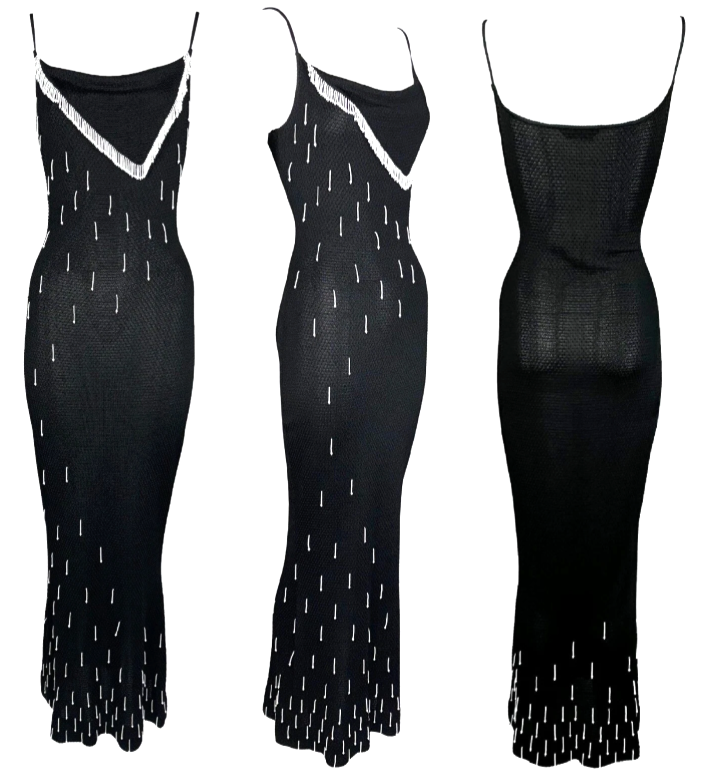 F/W 1999 John Galliano Black Knit Bodycon Maxi Dress w White Beaded Fringe