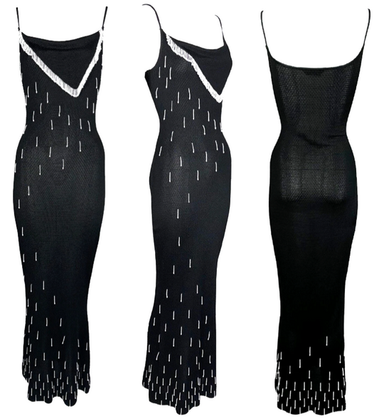 F/W 1999 John Galliano Black Knit Bodycon Maxi Dress w White Beaded Fringe