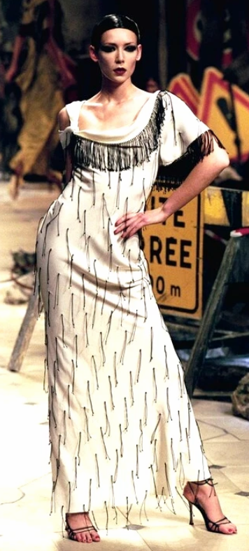 F/W 1999 John Galliano Black Knit Bodycon Maxi Dress w White Beaded Fringe