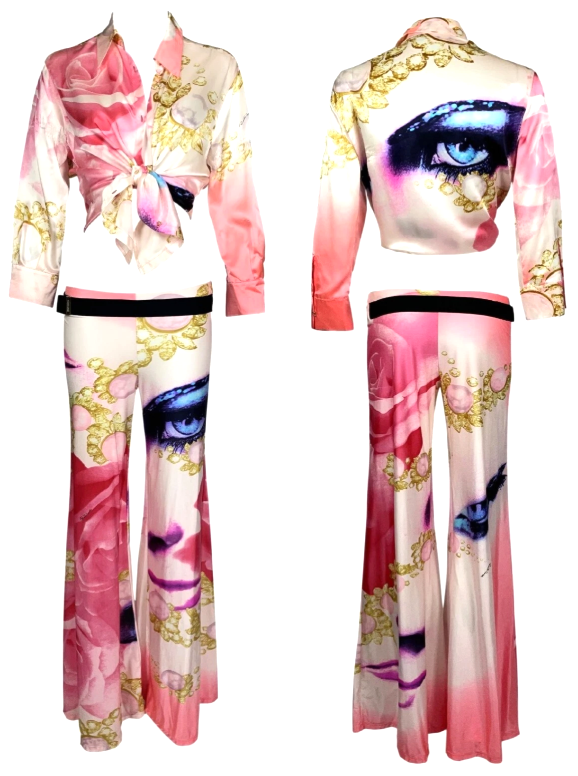 S/S 2001 Roberto Cavalli Pink Face & Roses Print Silk Top & Low Rise Wide Leg Pant Set