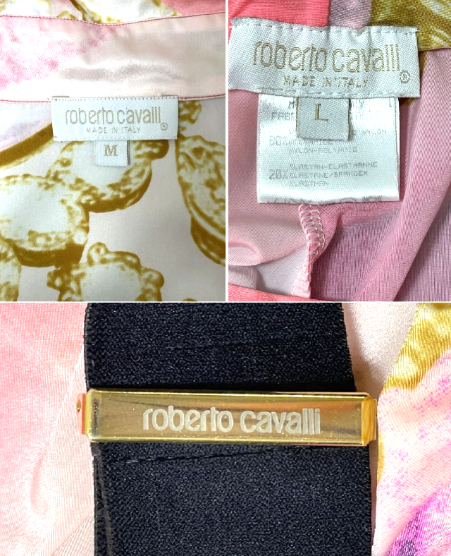 S/S 2001 Roberto Cavalli Pink Face & Roses Print Silk Top & Low Rise Wide Leg Pant Set