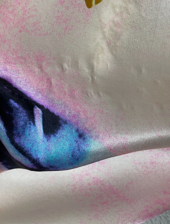 S/S 2001 Roberto Cavalli Pink Face & Roses Print Silk Top & Low Rise Wide Leg Pant Set