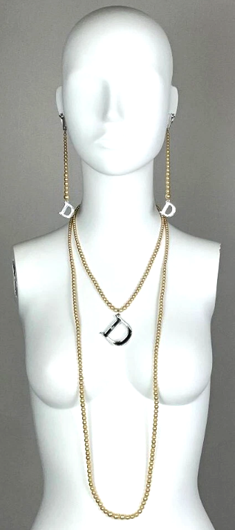 S/S 2004 Christian Dior John Galliano Long Faux Pearl Logo Earrings & Necklace