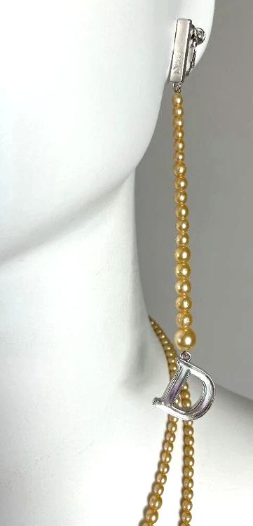 S/S 2004 Christian Dior John Galliano Long Faux Pearl Logo Earrings & Necklace