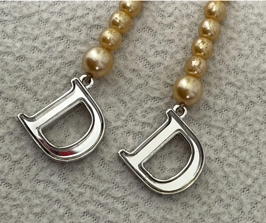 S/S 2004 Christian Dior John Galliano Long Faux Pearl Logo Earrings & Necklace