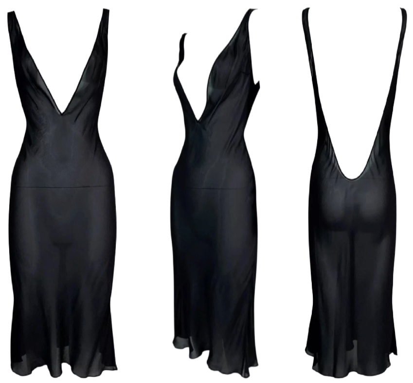F/W 2002 Christian Dior x John Galliano 1920's Style Plunging Sheer Black Silk Slip Dress