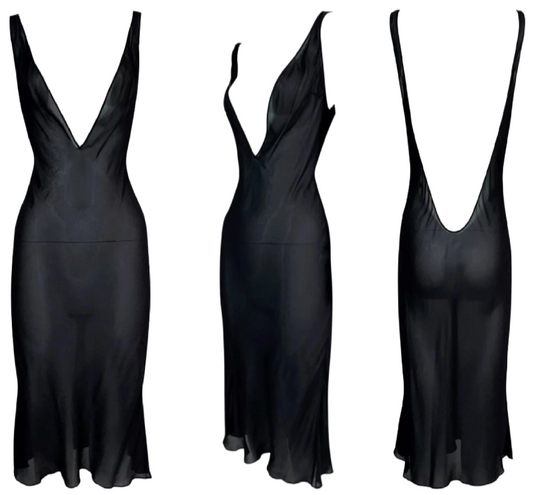 F/W 2002 Christian Dior x John Galliano 1920's Style Plunging Sheer Black Silk Slip Dress