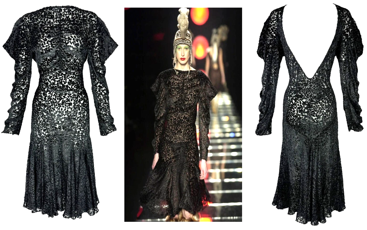 F/W 2002 Christian Dior x John Galliano Runway 1930's Style Sheer Black Velvet Burnout Dress