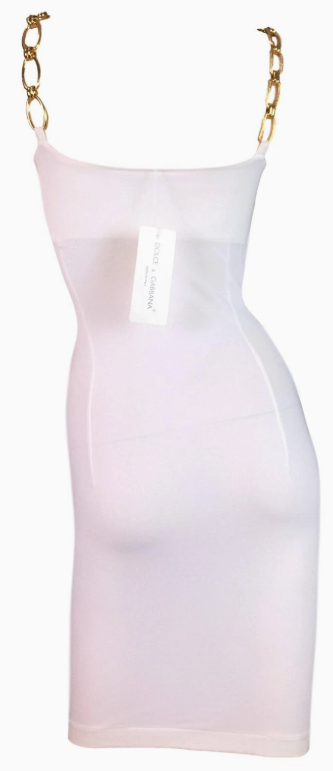 Vintage 1991 Dolce & Gabbana Pin-Up Gold Chain Strap White Bodycon Wiggle Mini Dress