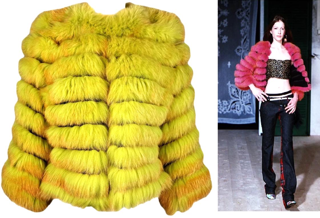 F/W 1999 Dolce & Gabbana Runway Green & Orange Ombre Fox Fur Silk Cropped Jacket Coat