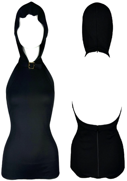2000's Dolce & Gabbana Sexy Black Hooded Plunging Backless Gold Buckle Bodycon Top