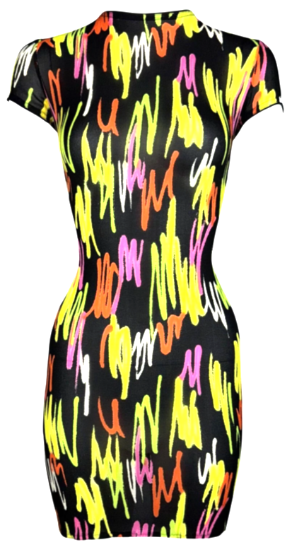 S/S 1996 Gianni Versace Sheer Black Neon Graffiti Spray Paint Silk Mini Dress