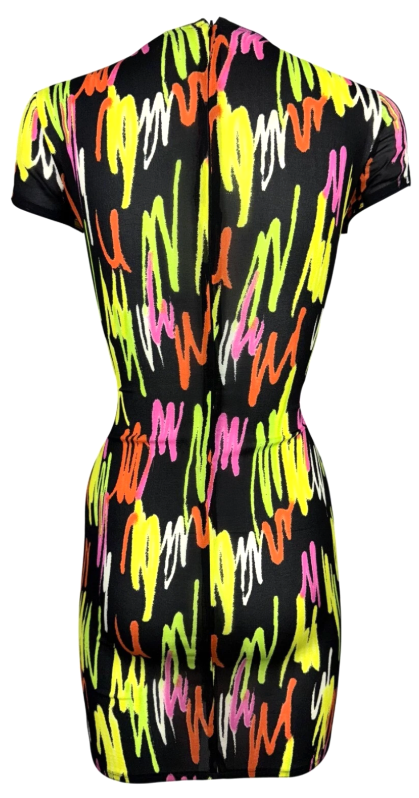 S/S 1996 Gianni Versace Sheer Black Neon Graffiti Spray Paint Silk Mini Dress