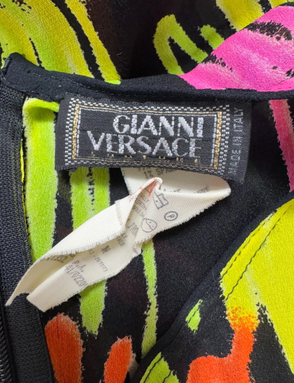 S/S 1996 Gianni Versace Sheer Black Neon Graffiti Spray Paint Silk Mini Dress