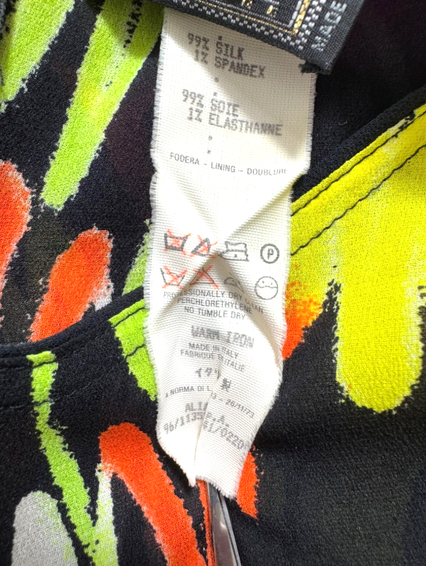 S/S 1996 Gianni Versace Sheer Black Neon Graffiti Spray Paint Silk Mini Dress