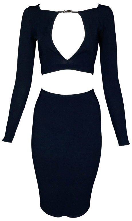 S/S 1998 Gucci x Tom Ford Black Cut-Out Crop Top & High Waist Stretch Bodycon Skirt Set
