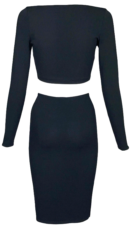 S/S 1998 Gucci x Tom Ford Black Cut-Out Crop Top & High Waist Stretch Bodycon Skirt Set