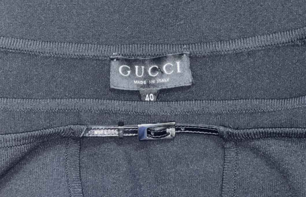 S/S 1998 Gucci x Tom Ford Black Cut-Out Crop Top & High Waist Stretch Bodycon Skirt Set