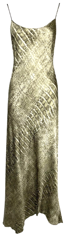 S/S 1998 Roberto Cavalli Green Silk Snakeskin Print Gold Glitter Slinky Maxi Slip Dress