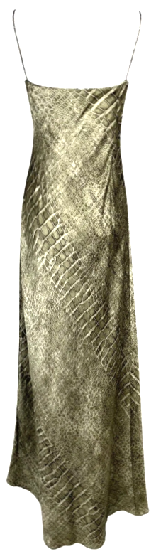 S/S 1998 Roberto Cavalli Green Silk Snakeskin Print Gold Glitter Slinky Maxi Slip Dress