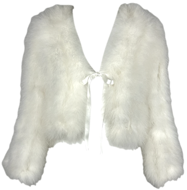 2000's Blumarine Y2K White Feather Satin Tie Chubby Cropped Short Jacket