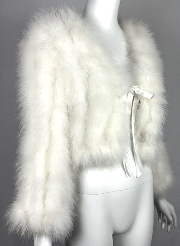 2000's Blumarine Y2K White Feather Satin Tie Chubby Cropped Short Jacket