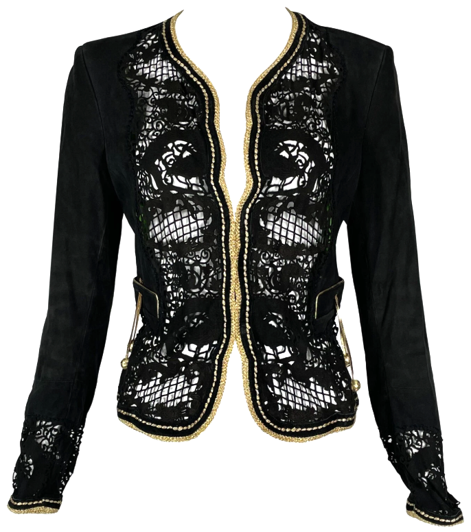 S/S 2007 Roberto Cavalli Black Chinoiserie Dragon Laser Cut Leather Short Fitted Jacket