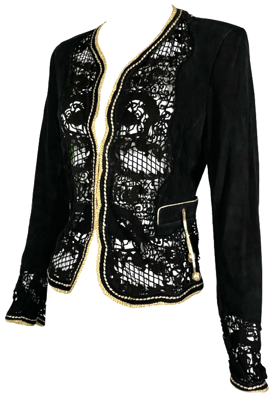 S/S 2007 Roberto Cavalli Black Chinoiserie Dragon Laser Cut Leather Short Fitted Jacket