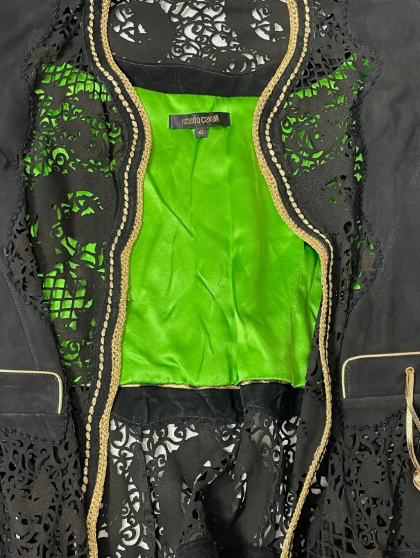 S/S 2007 Roberto Cavalli Black Chinoiserie Dragon Laser Cut Leather Short Fitted Jacket